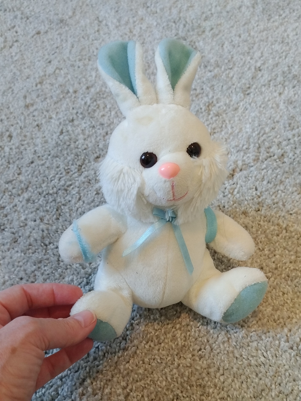 Plush White Bunny with Light Blue Backpack With Zipper- Soft Stuffed Animal